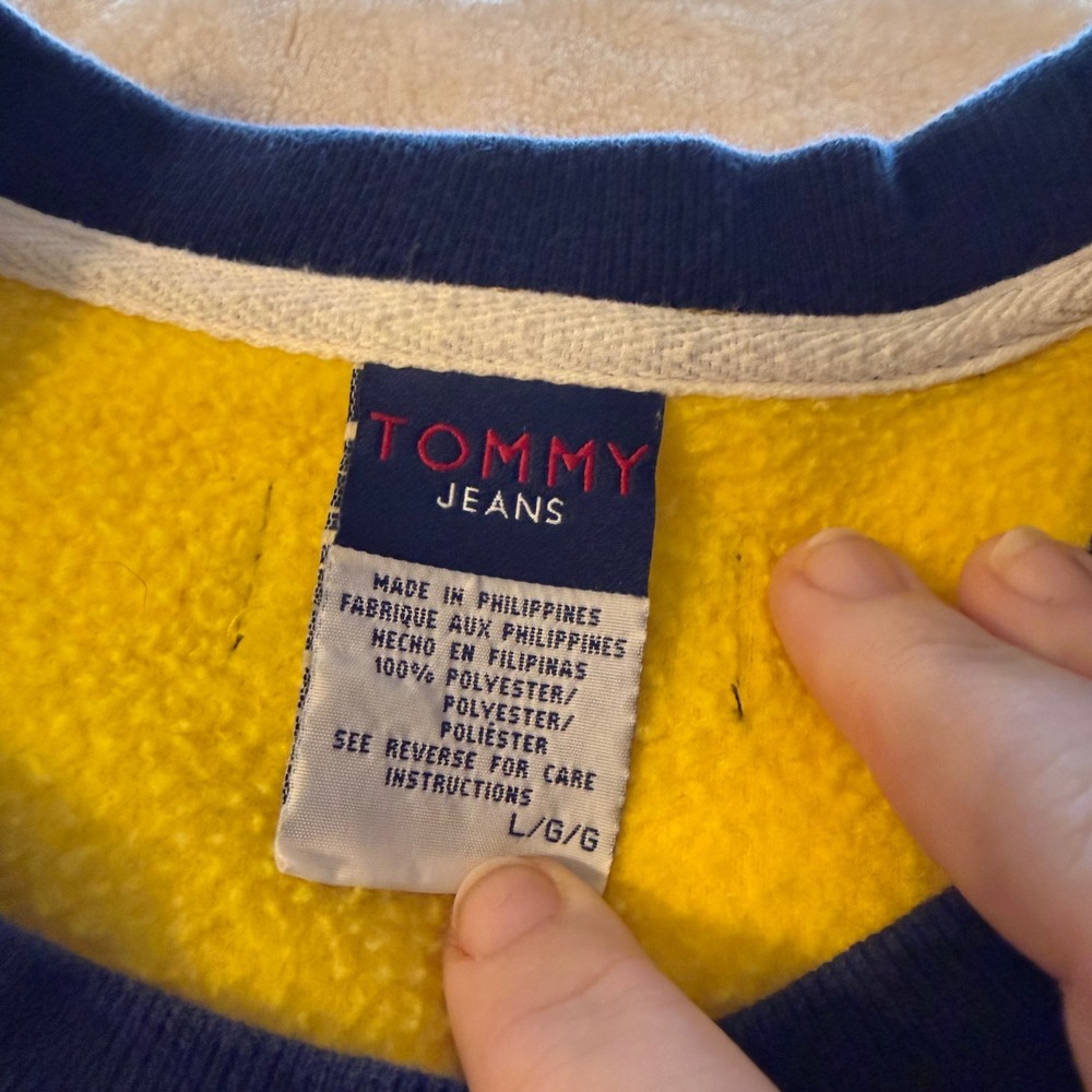 Vintage Tommy Jeans Yellow Fleece Pullover Mens Large Kangaroo Pocket RN 66476